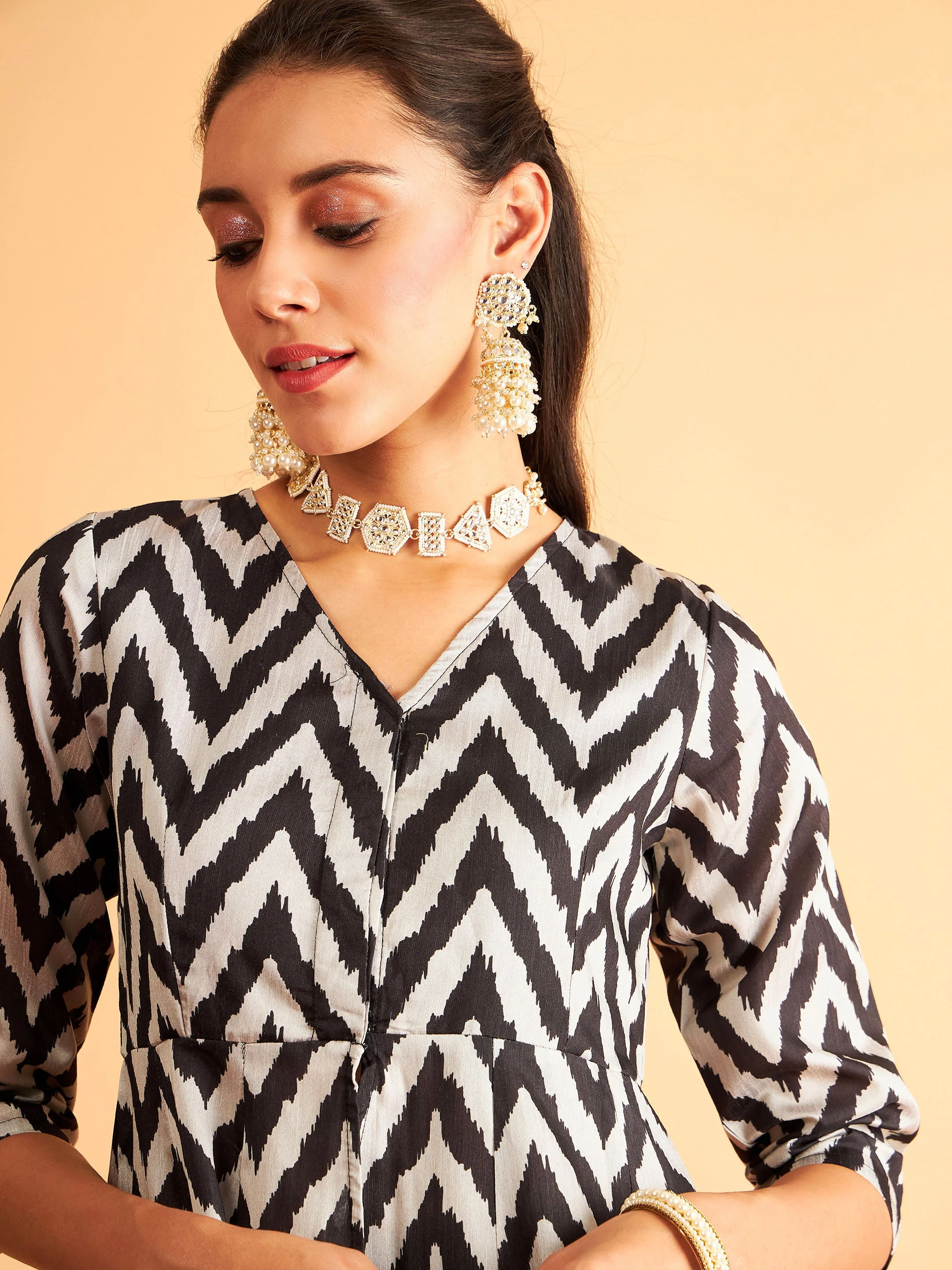 Black Ikat Print Kali Kurta - Image 4