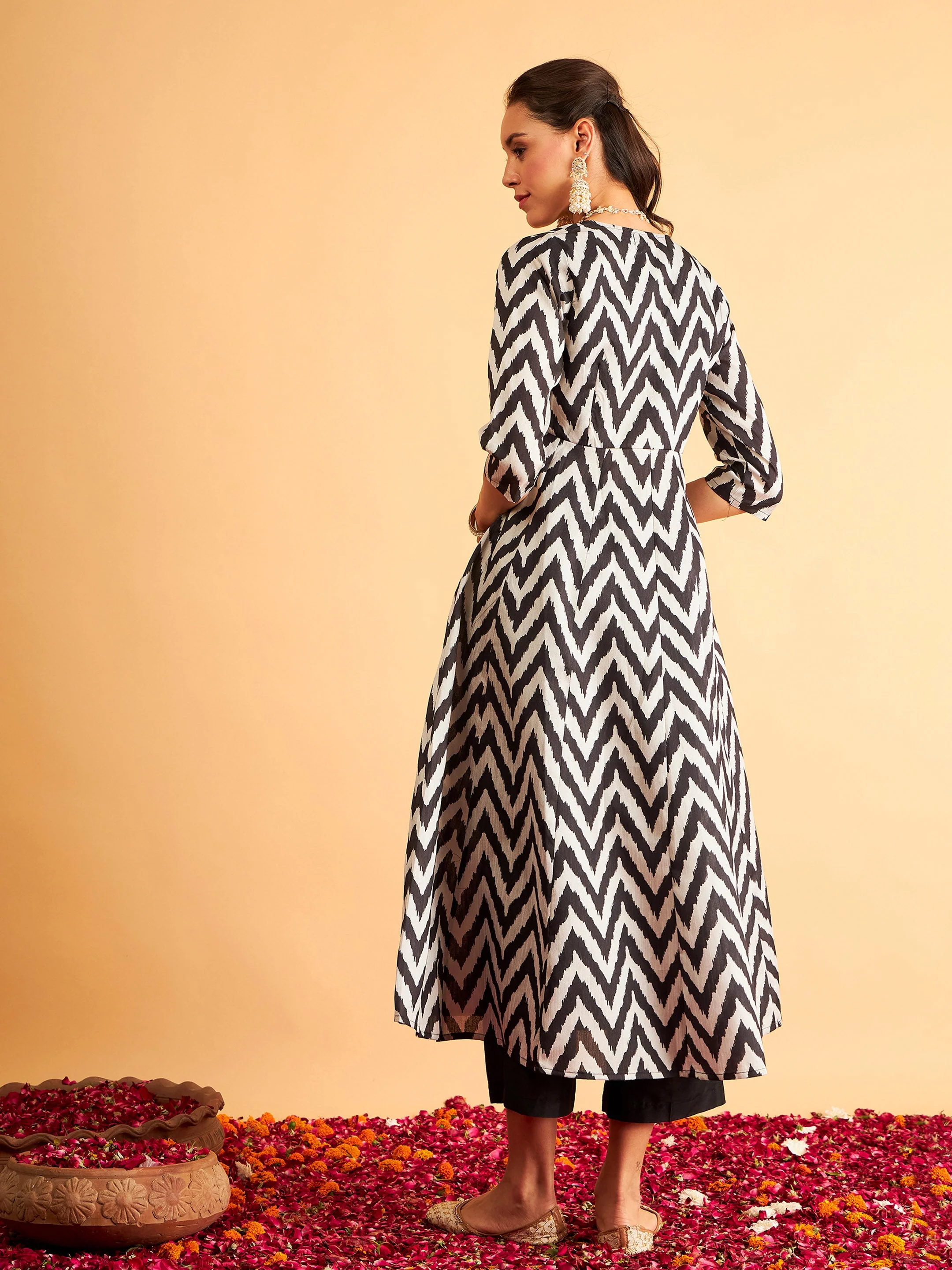 Black Ikat Print Kali Kurta - Image 5