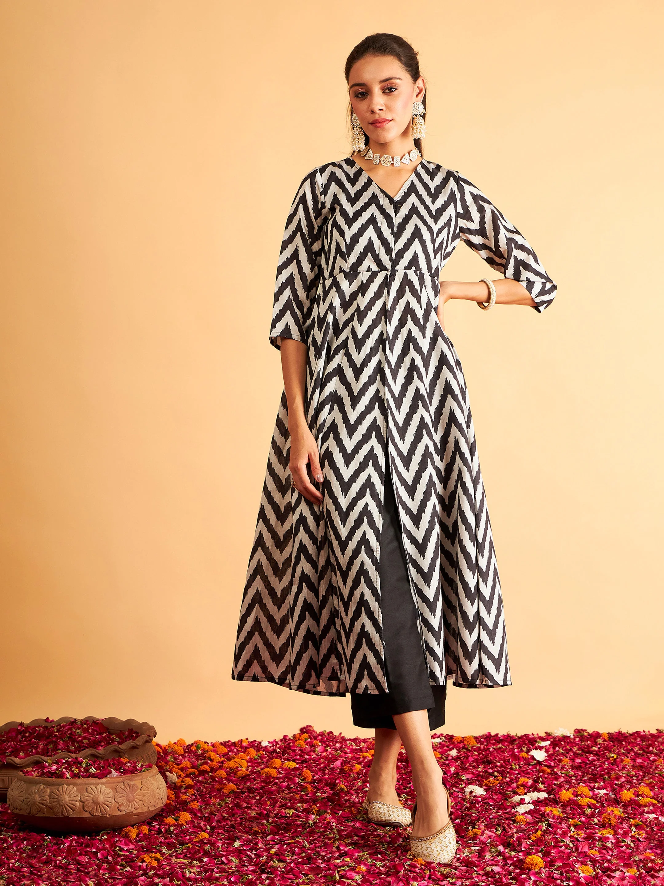 Black Ikat Print Kali Kurta - Image 6