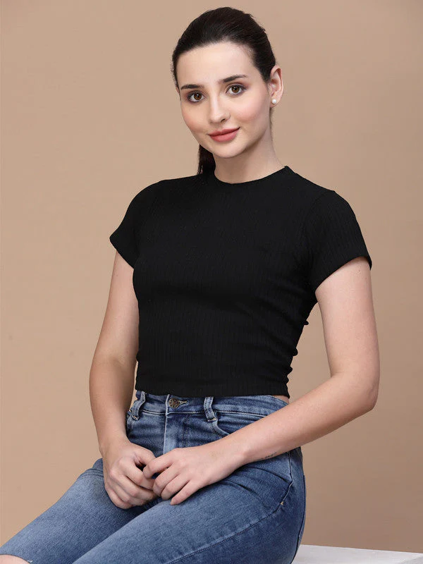 Women'S Odour Free Black Lace Up High Neck Crop Top - Image 3