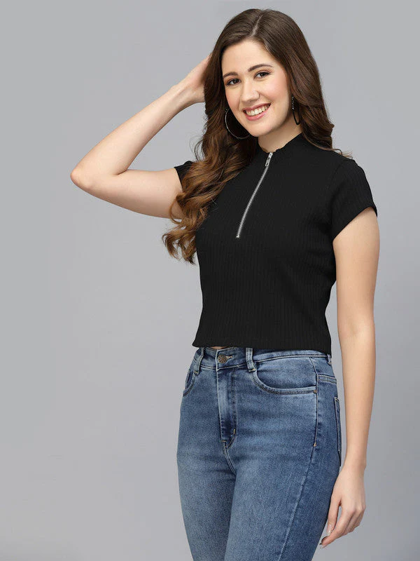Women Black Odour Free Zipper Neck Top - Image 2