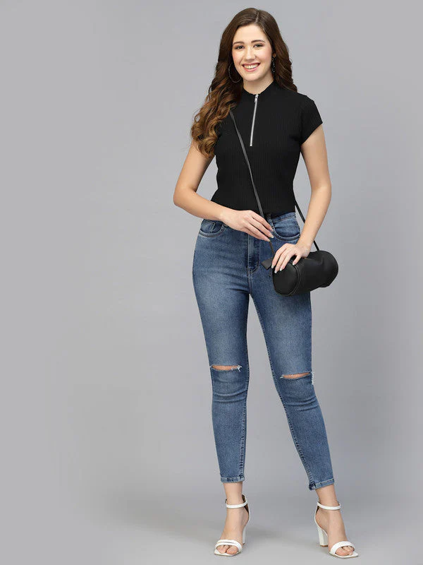 Women Black Odour Free Zipper Neck Top - Image 4