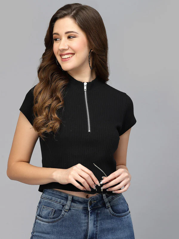 Women Black Odour Free Zipper Neck Top - Image 5
