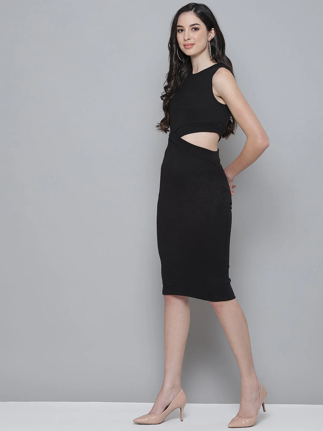 Women Black Rib Side Cut-Out Bodycon Dress - Image 3