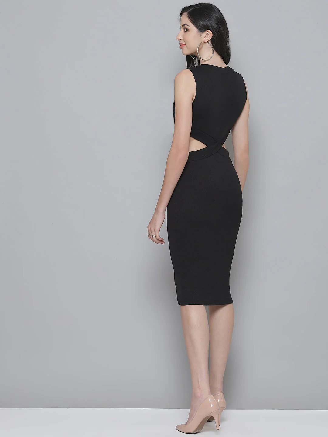 Women Black Rib Side Cut-Out Bodycon Dress - Image 4
