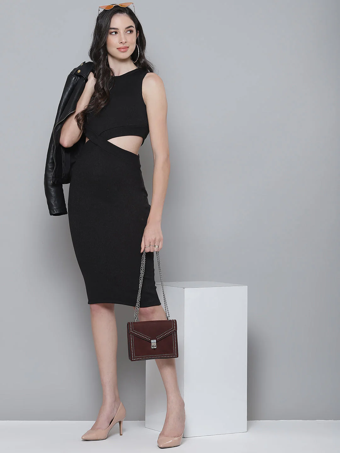 Women Black Rib Side Cut-Out Bodycon Dress - Image 5