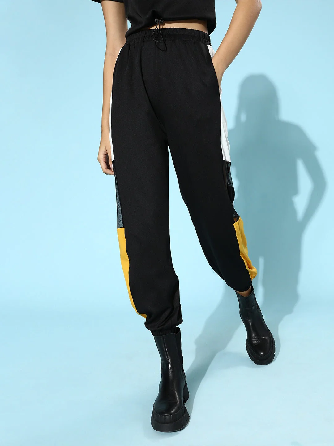 Women Black Scuba Side Color Block Joggers - Image 3