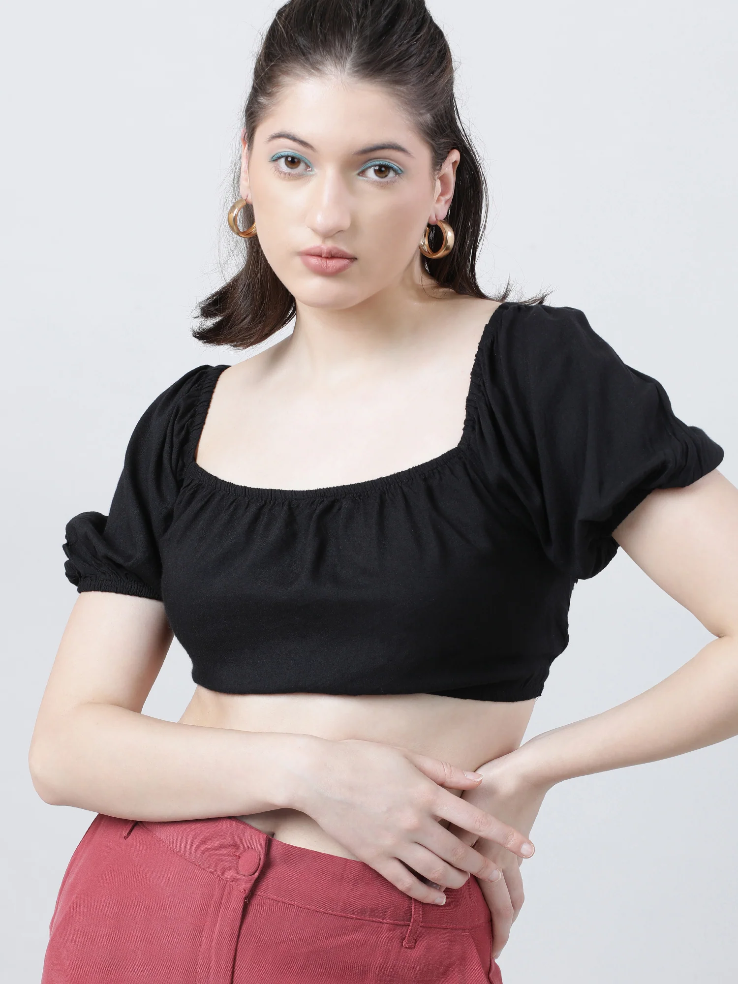 Women Black Solid Crop Top with Back Tie Up - Image 2
