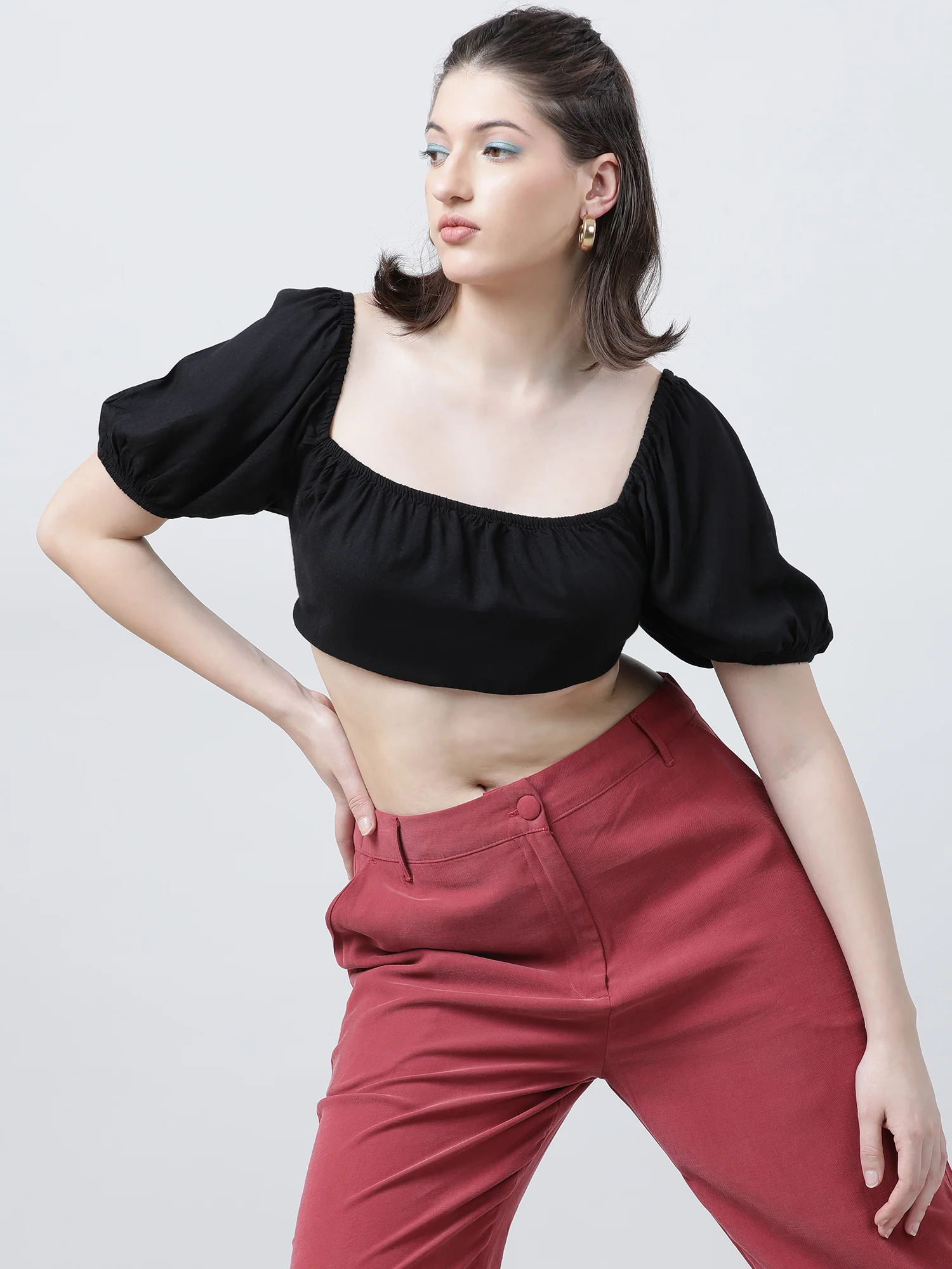 Women Black Solid Crop Top with Back Tie Up - Image 3