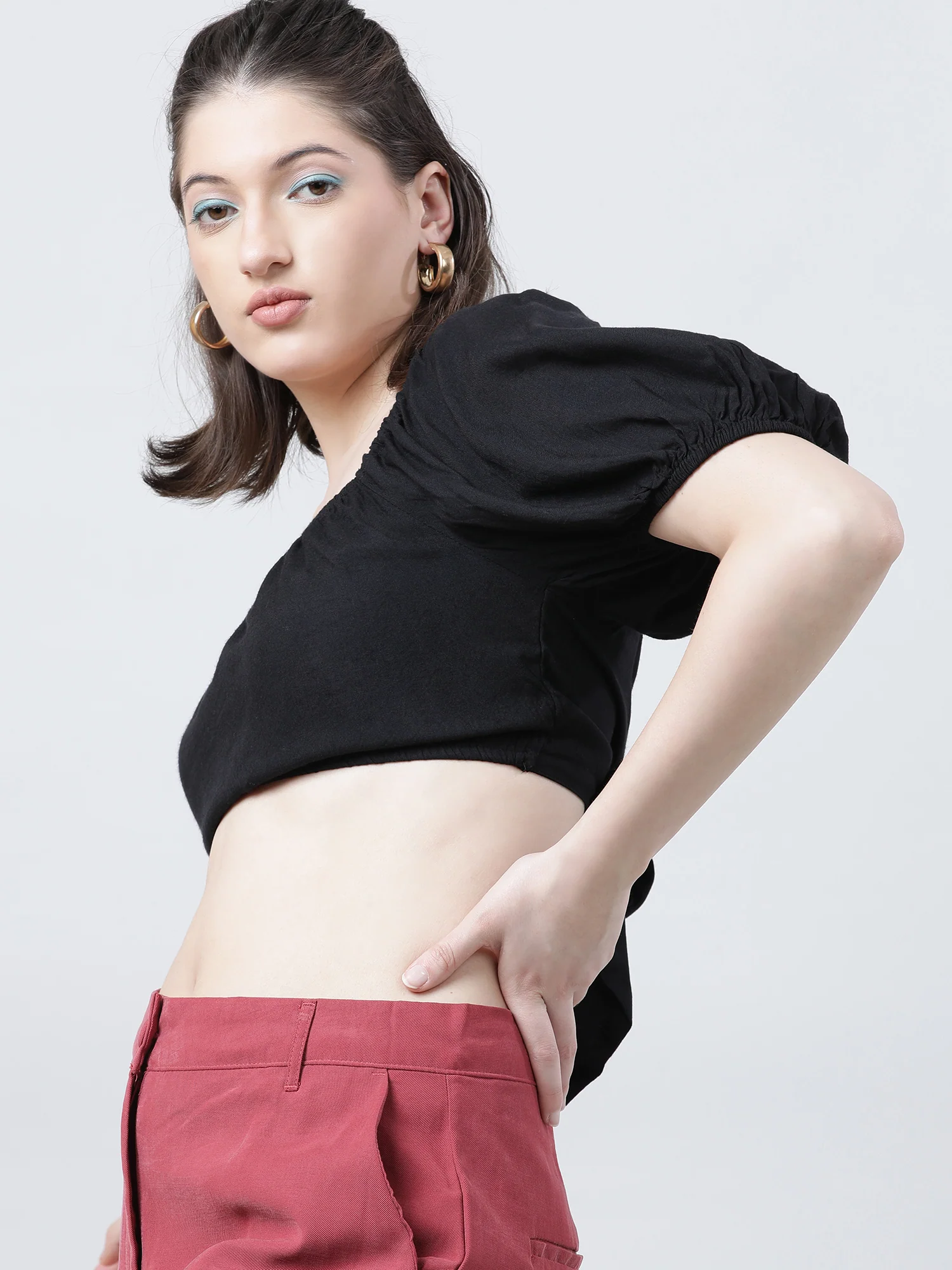 Women Black Solid Crop Top with Back Tie Up - Image 4