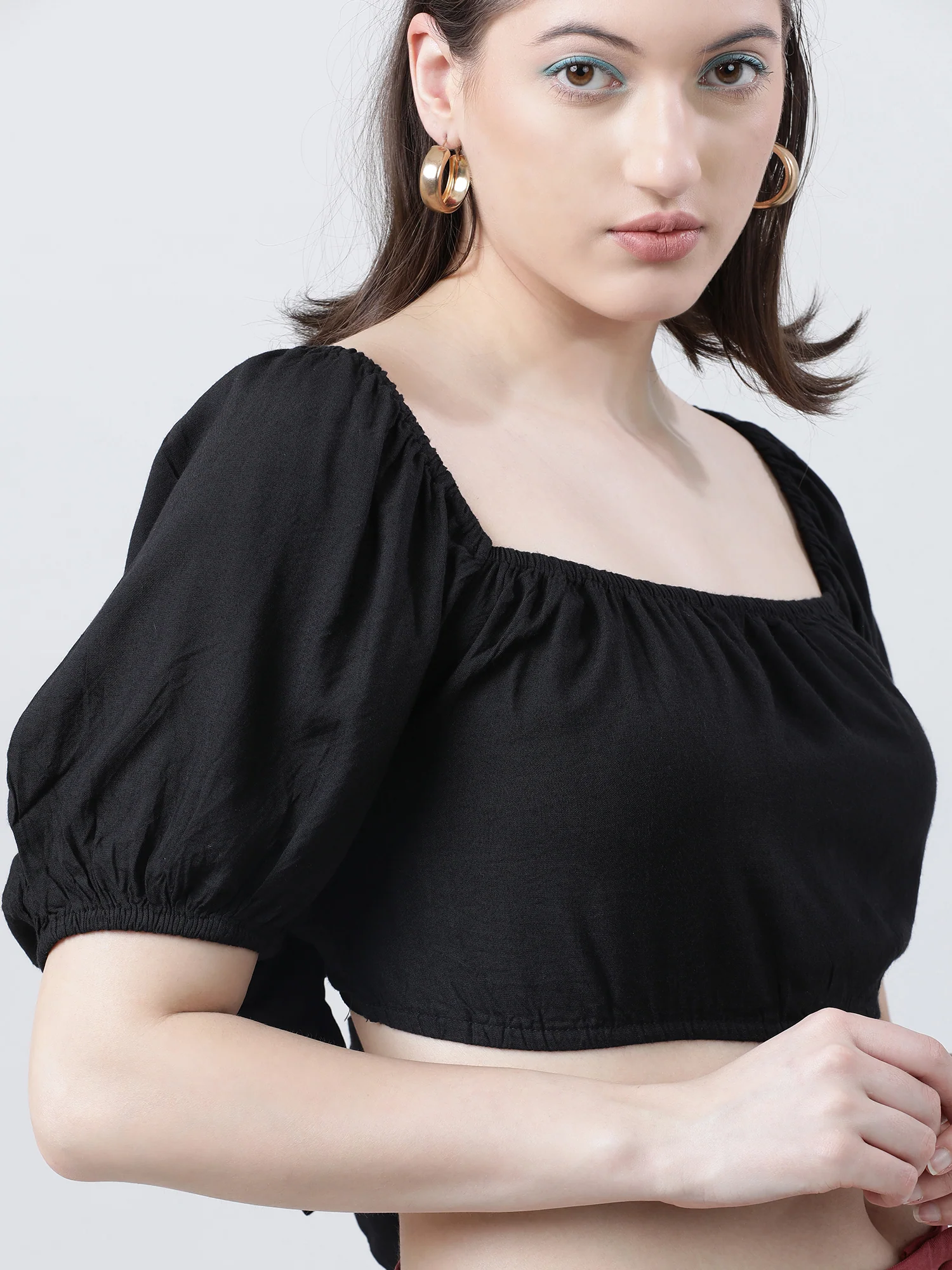 Women Black Solid Crop Top with Back Tie Up - Image 5