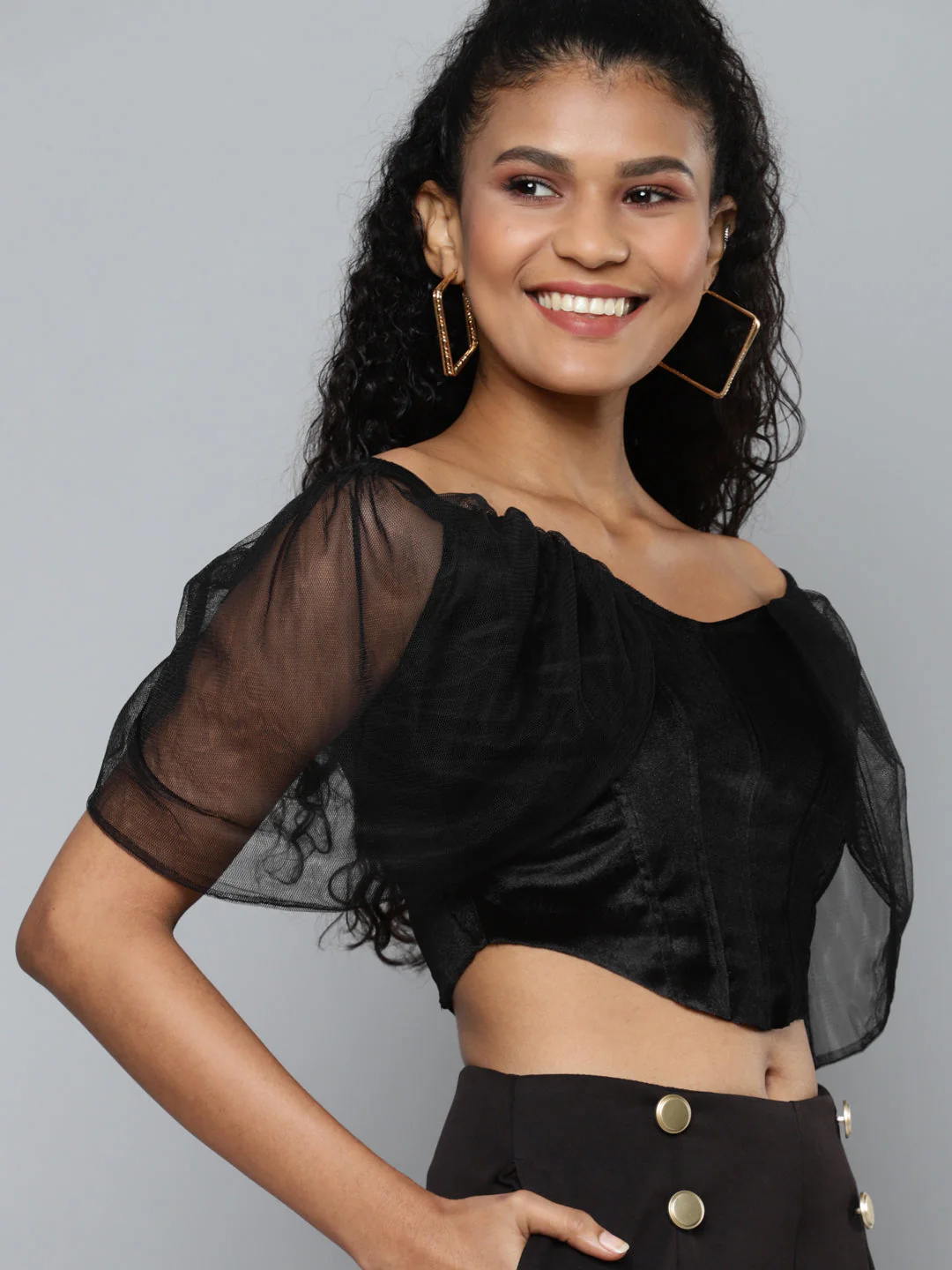 Women Black Velvet Bardot Blouse - Image 2
