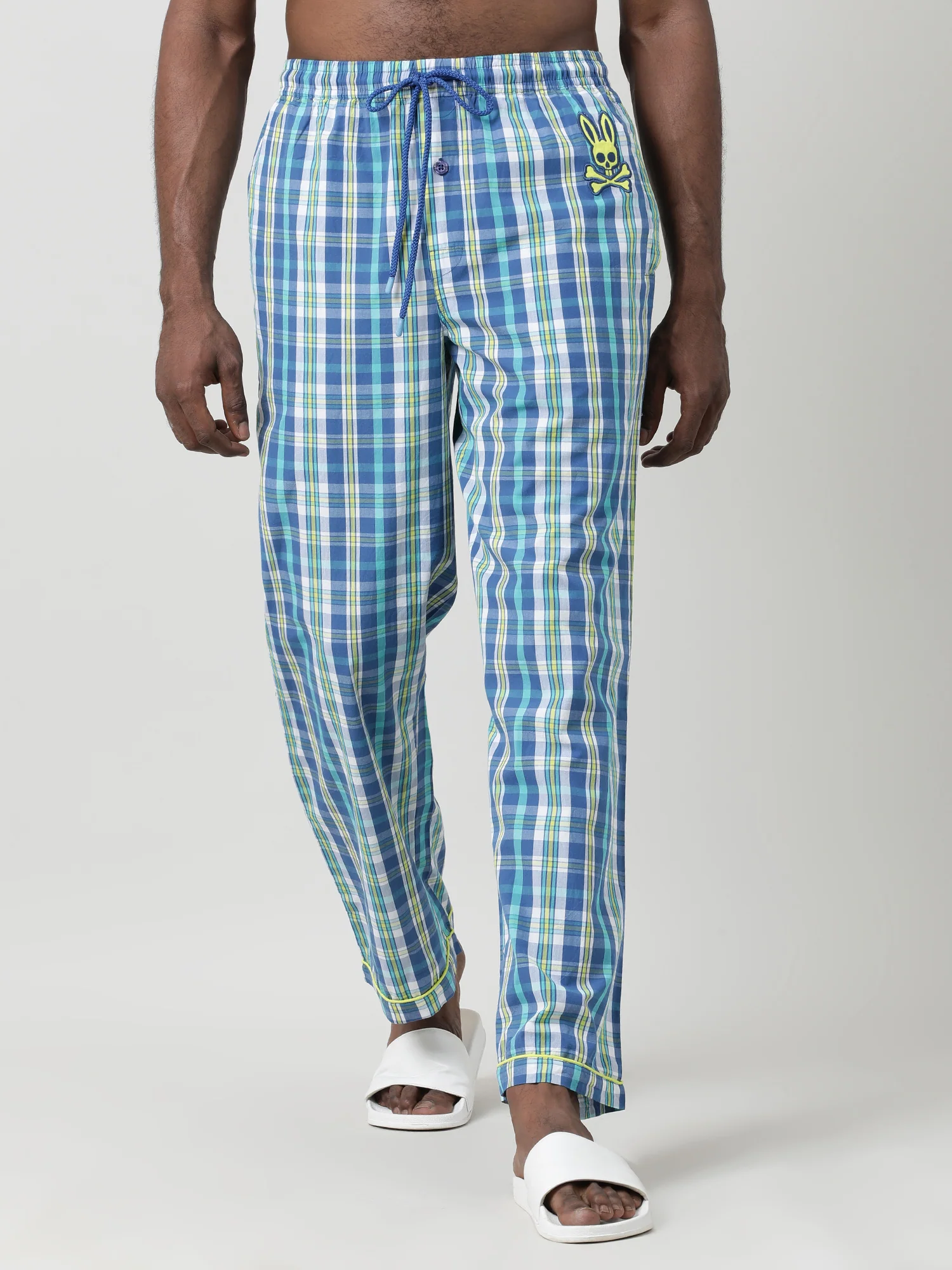 Men Oversized Blue Cotton Checkered Knit Lounge Pants - Image 2