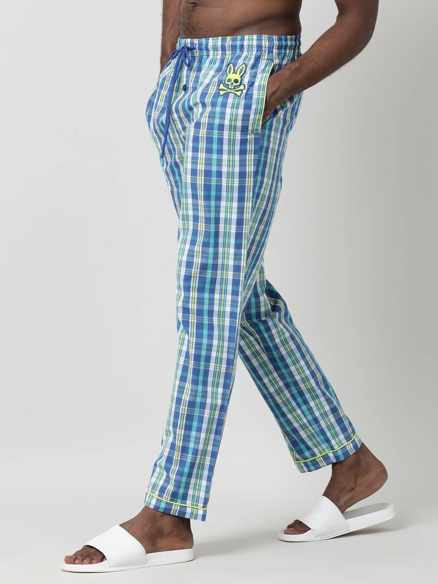 Men Oversized Blue Cotton Checkered Knit Lounge Pants - Image 3