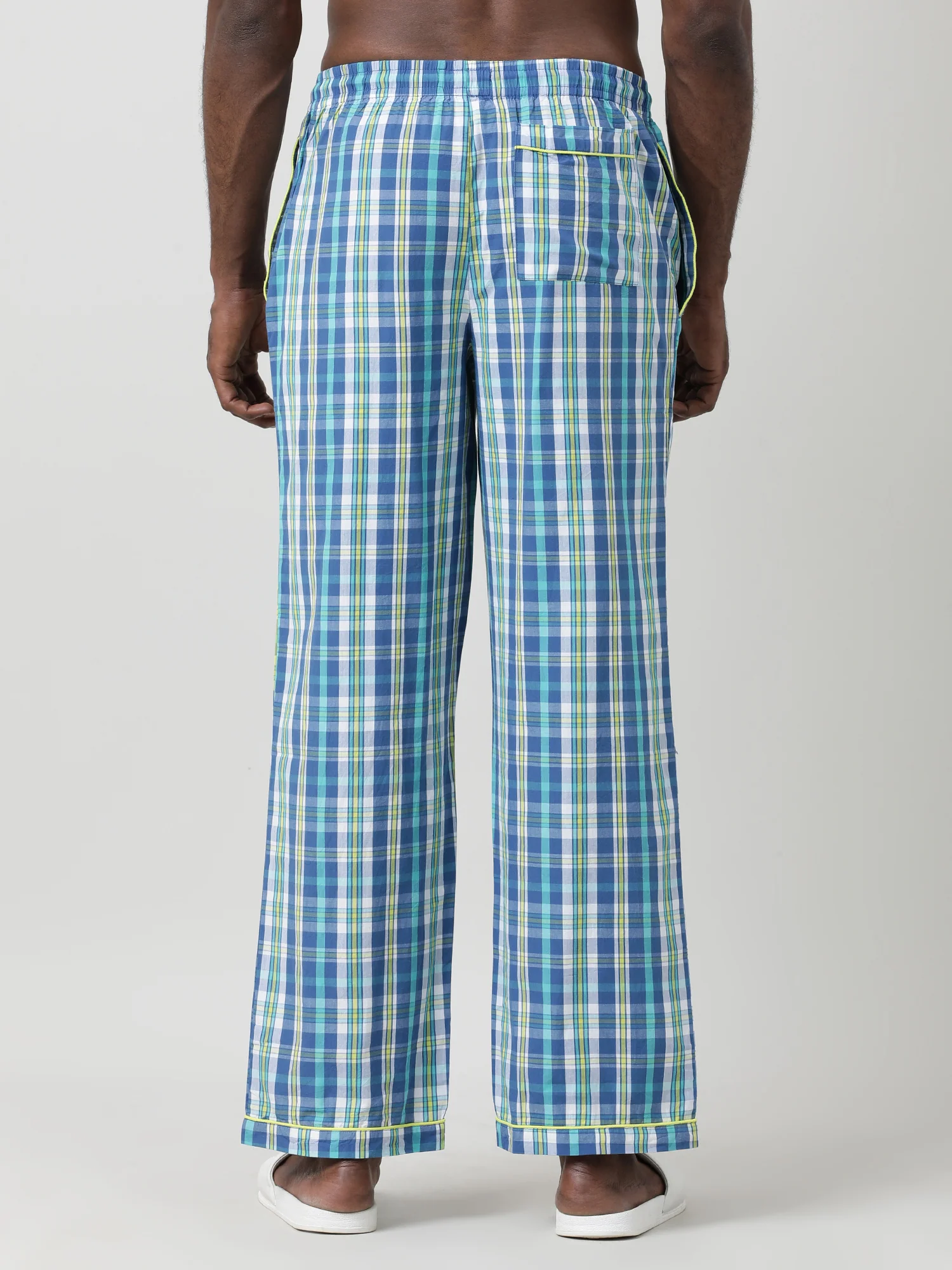 Men Oversized Blue Cotton Checkered Knit Lounge Pants - Image 5