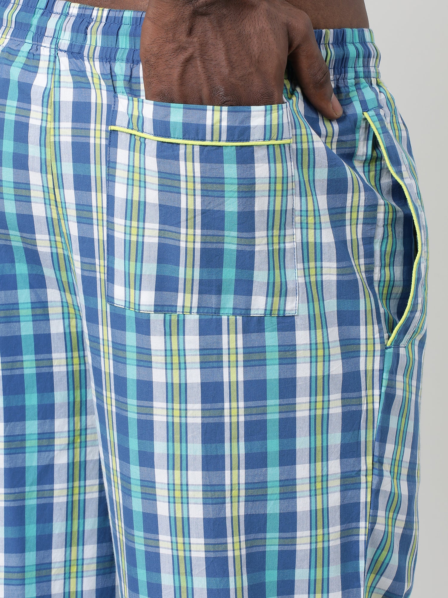 Men Oversized Blue Cotton Checkered Knit Lounge Pants - Image 6