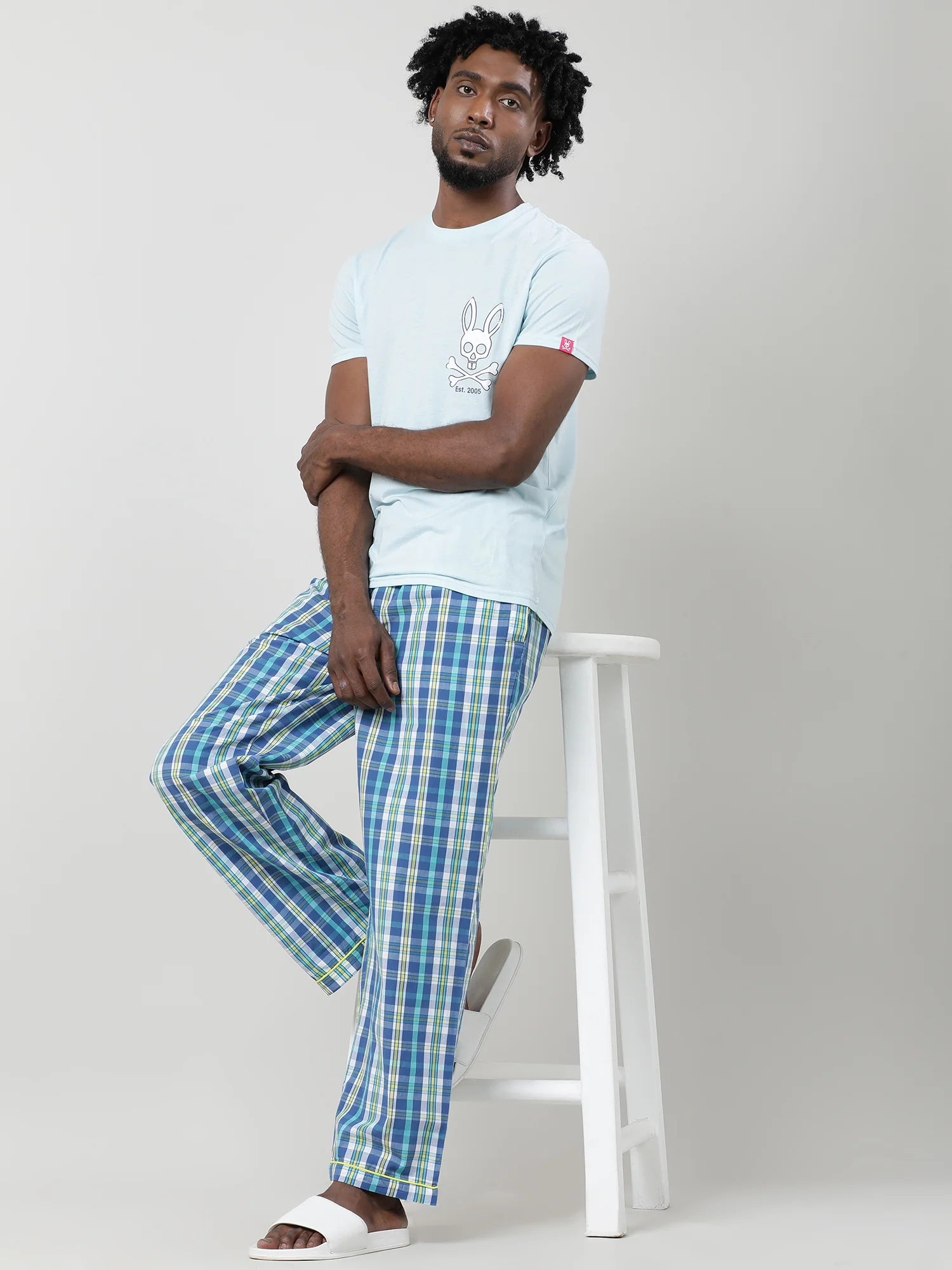 Men Oversized Blue Cotton Checkered Knit Lounge Pants - Image 7