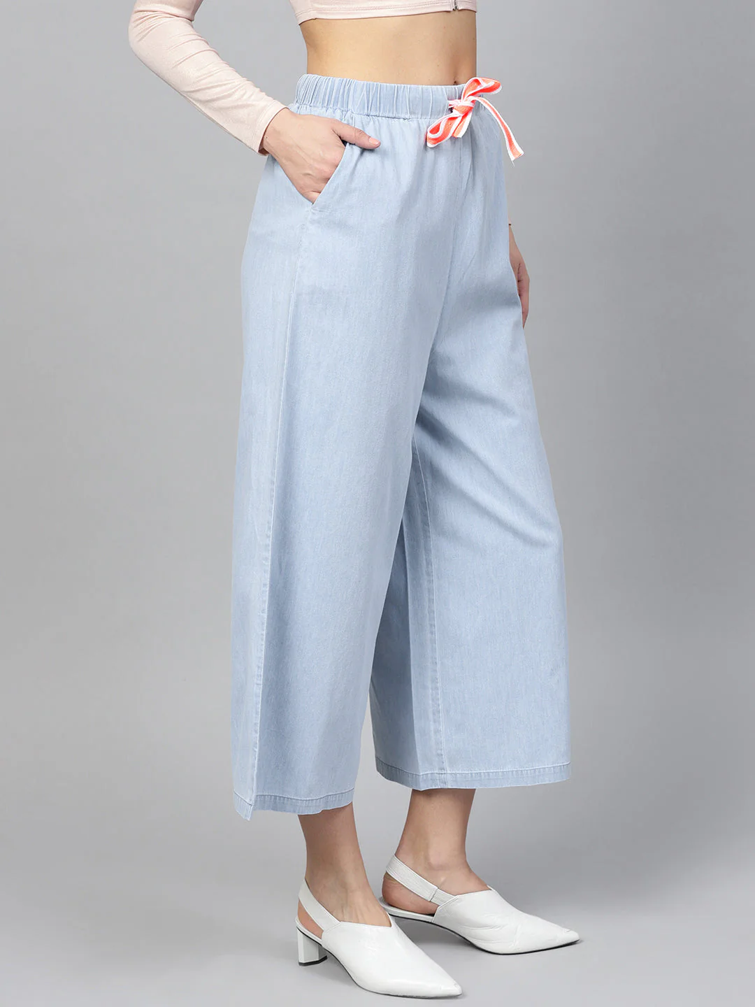 Women Blue Denim Neon Drawstring Pants - Image 4