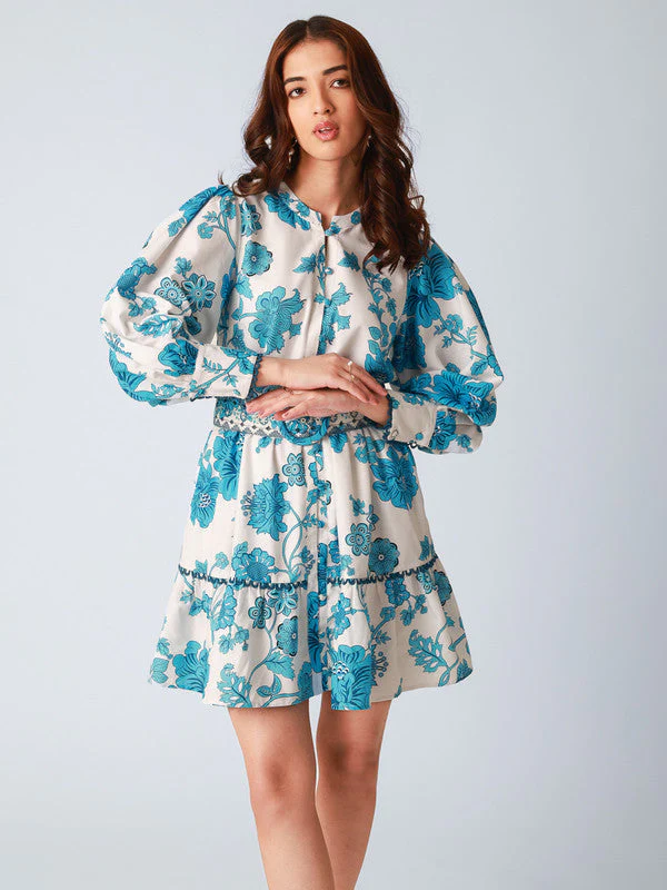 Women Blue Floral Skater Mini Dress - Image 3