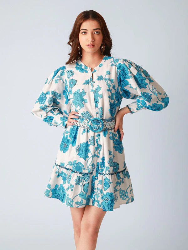 Women Blue Floral Skater Mini Dress - Image 4