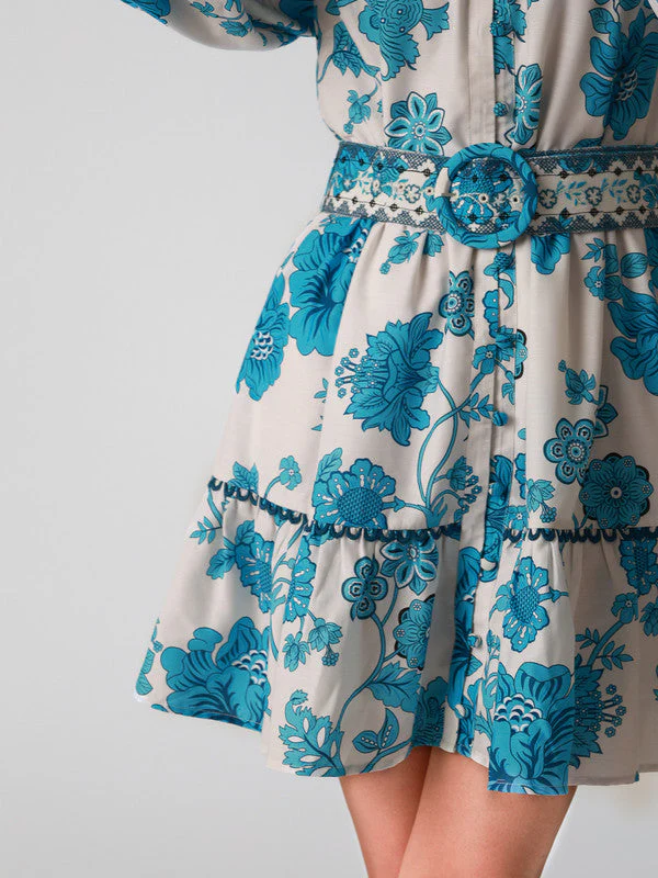 Women Blue Floral Skater Mini Dress - Image 5
