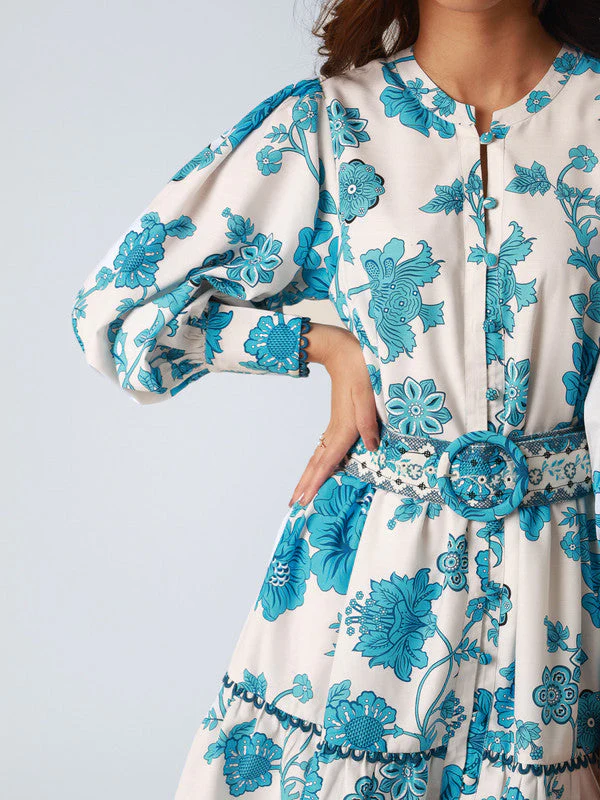 Women Blue Floral Skater Mini Dress - Image 6