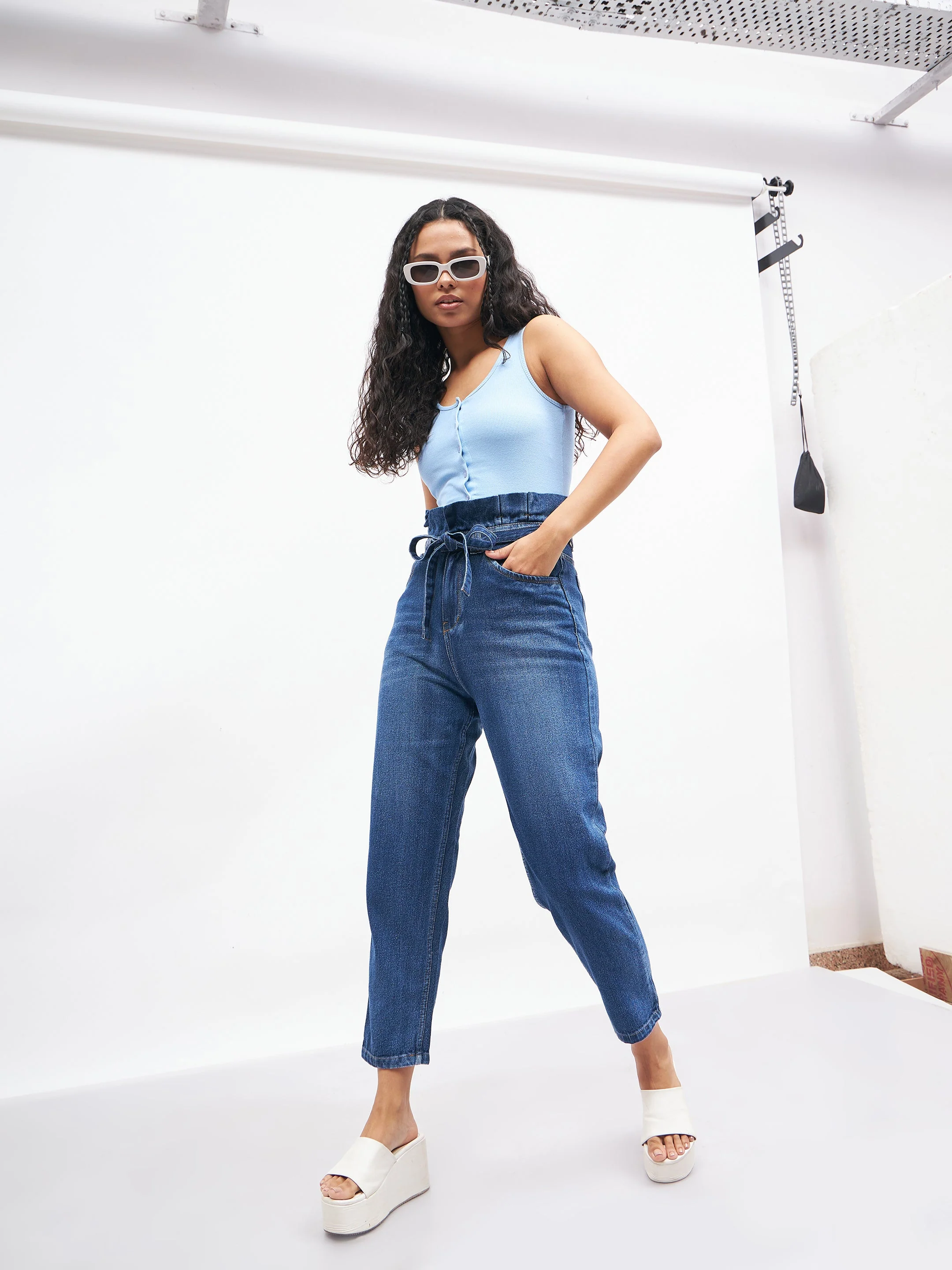 Women Blue Front Button Sleeveless Crop Top - Image 2