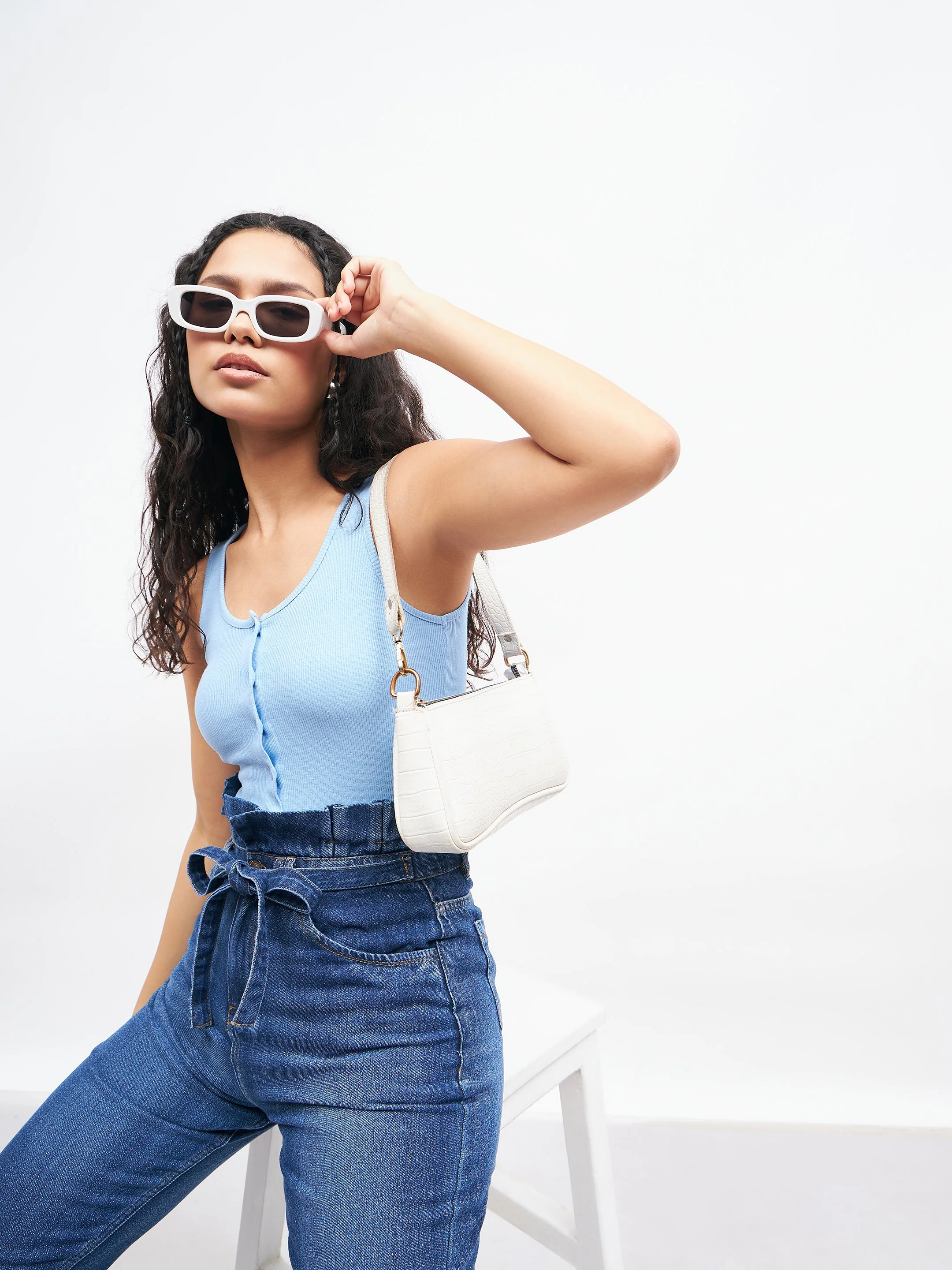 Women Blue Front Button Sleeveless Crop Top - Image 3
