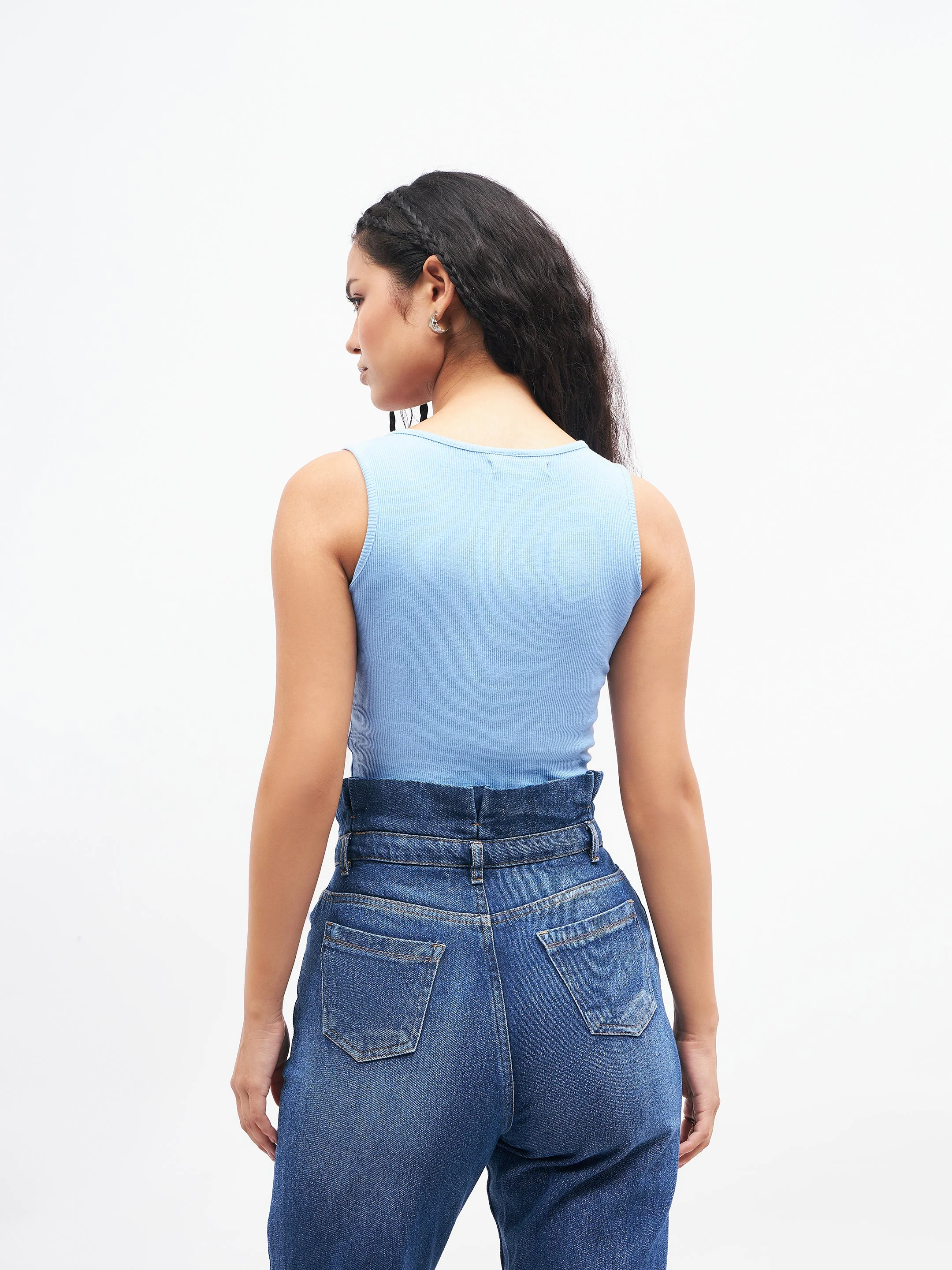 Women Blue Front Button Sleeveless Crop Top - Image 5