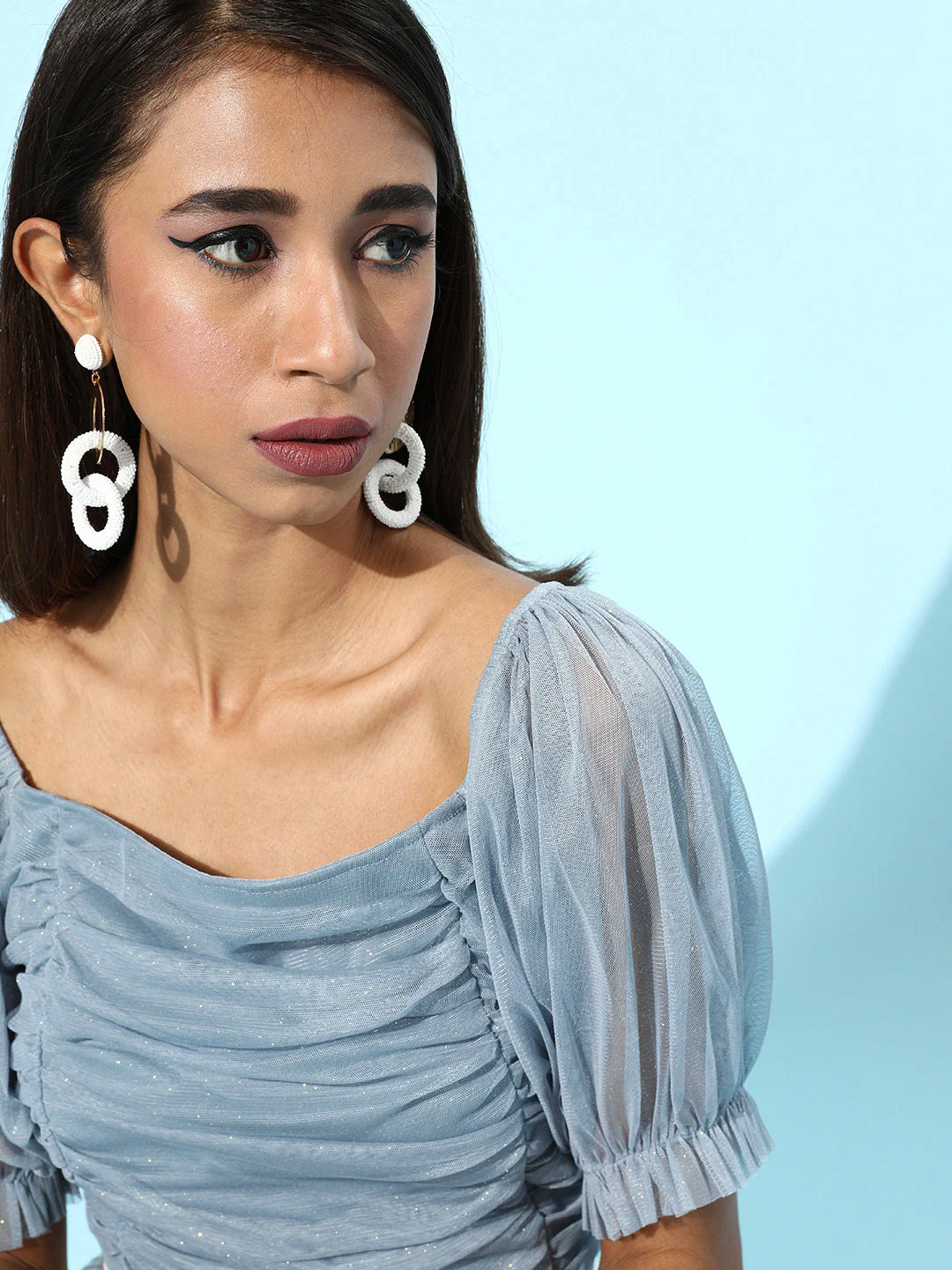 Blue Mesh Lurex Ruched Crop Top - Image 4