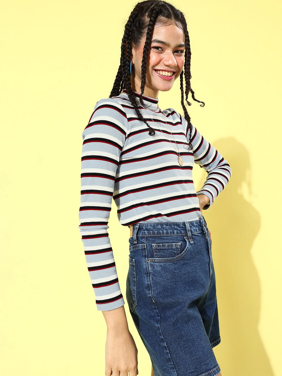Women Blue Multi Stripe High Neck Full Sleeve Rib Top - Image 2
