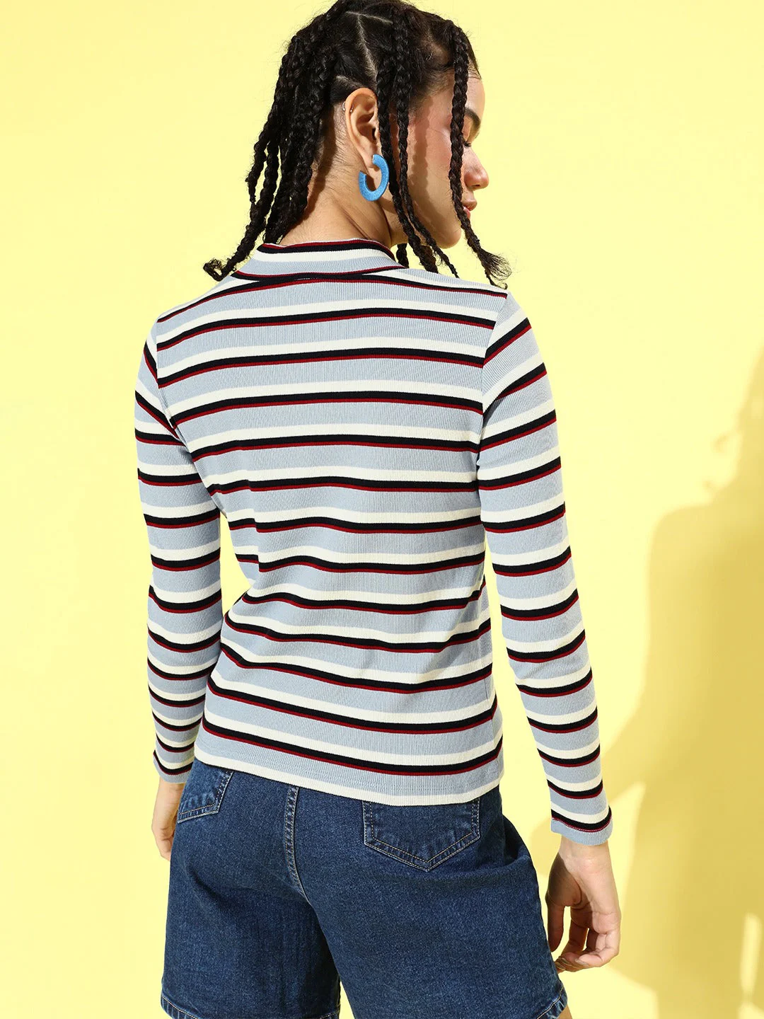 Women Blue Multi Stripe High Neck Full Sleeve Rib Top - Image 3