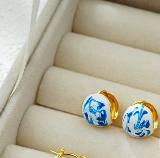 Blue Porcelain Dome Stud Earring