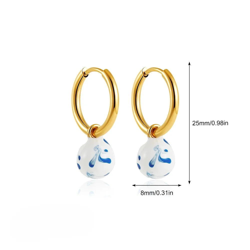 Blue Porcelain Drop Hoop Earring