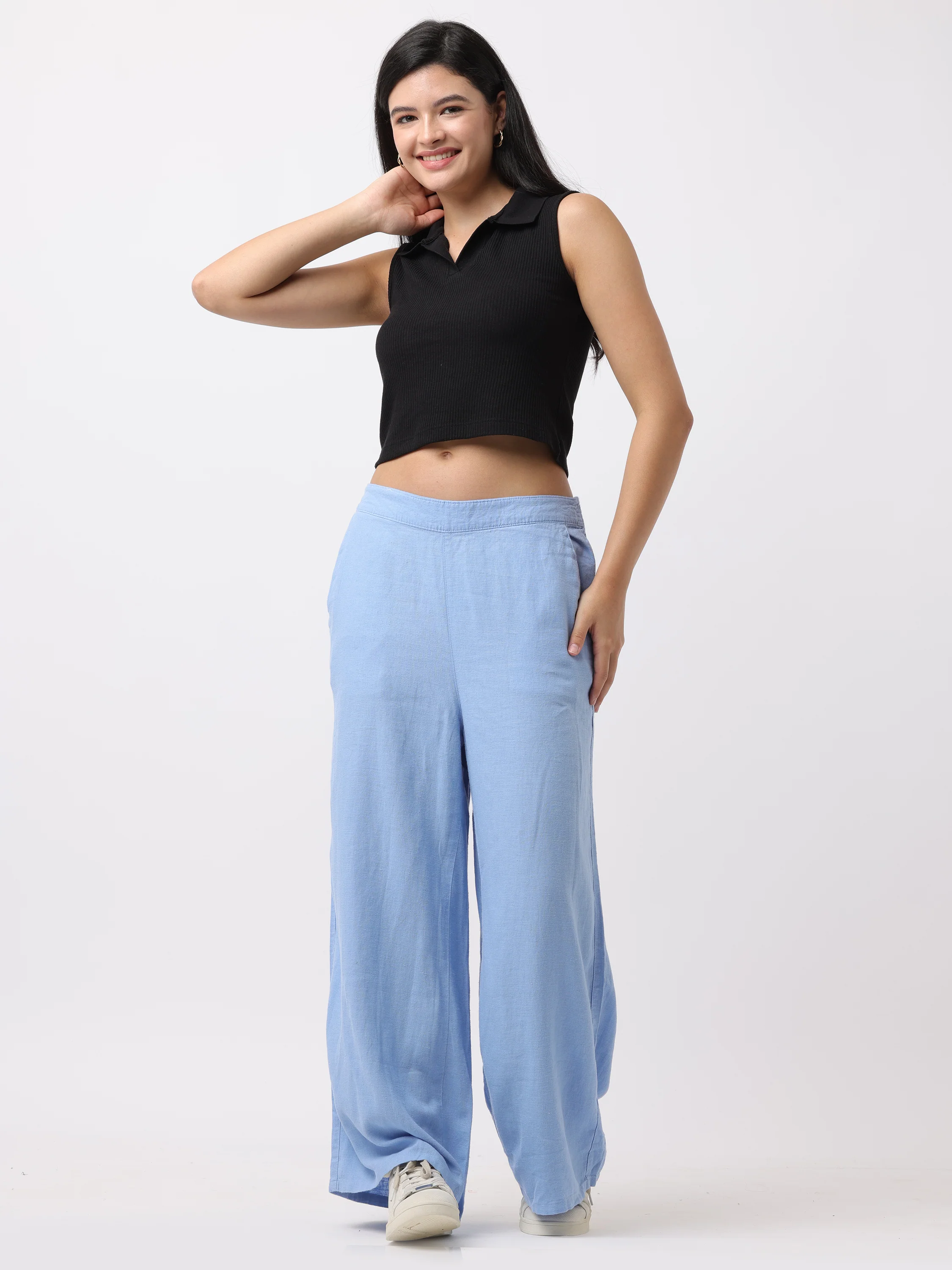 Women Blue Regular Fit Pants with Elastic Waist - Image 2