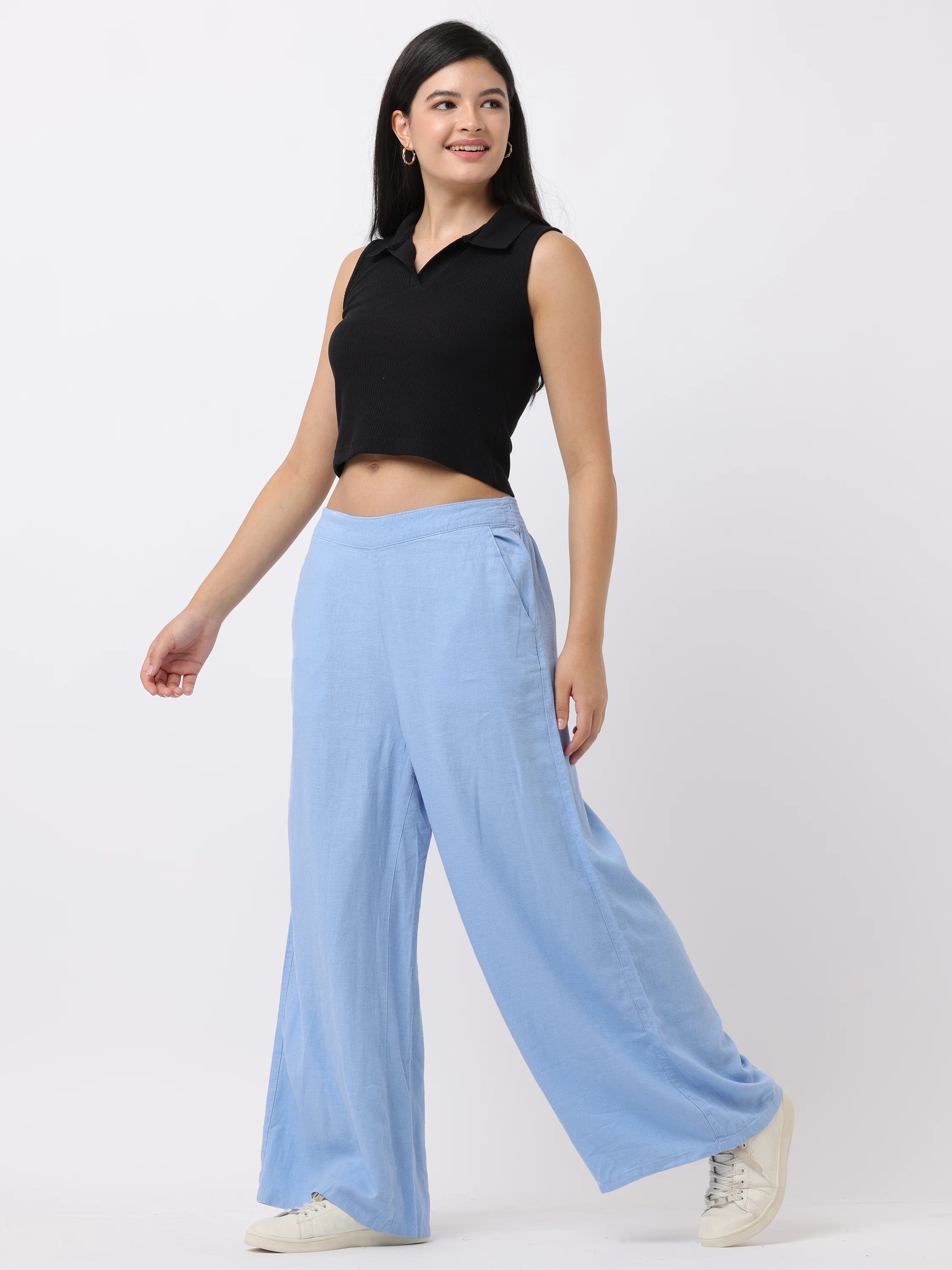 Women Blue Regular Fit Pants with Elastic Waist - Image 3