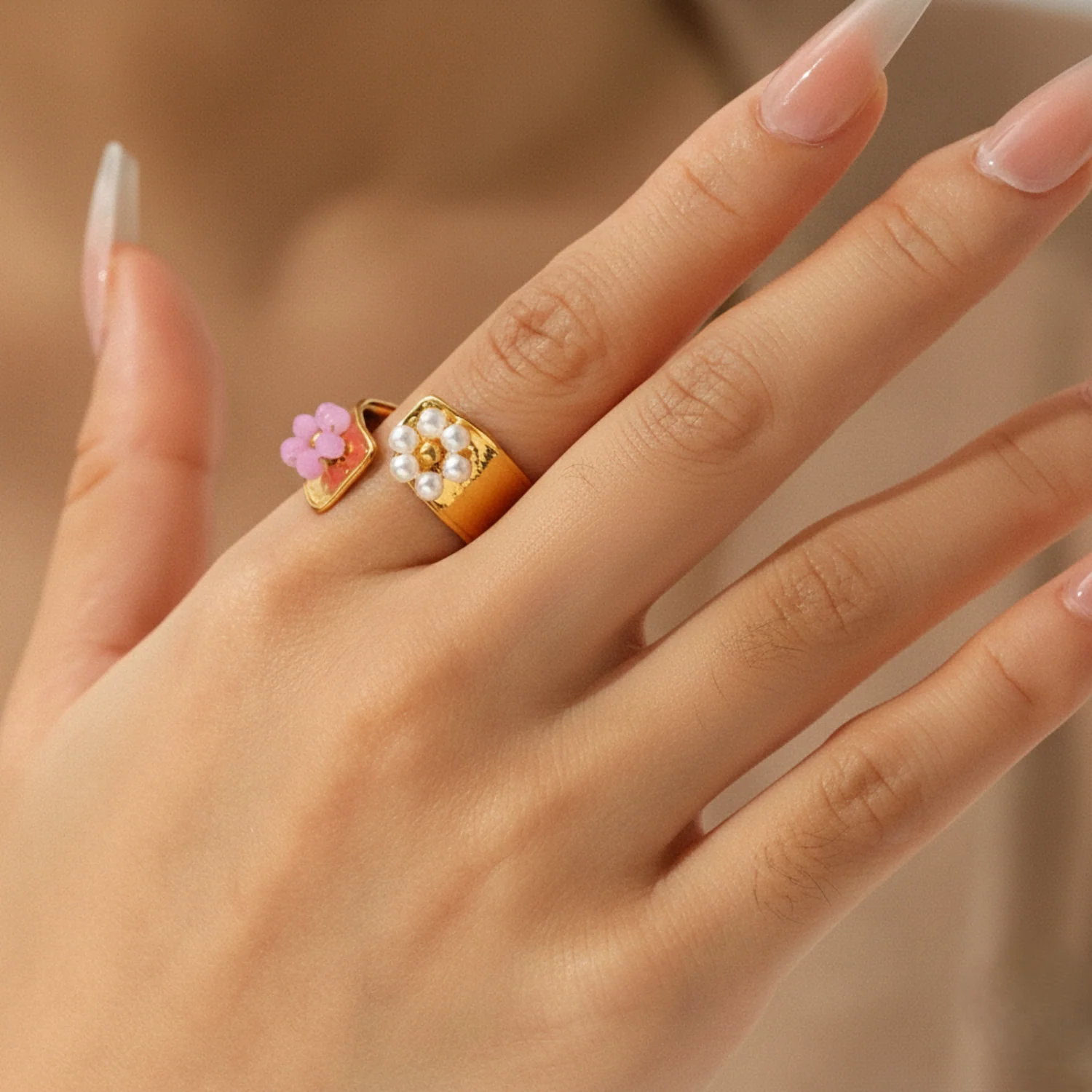 Bold Two-Tone Flower Adjustable Gold Cuff Ring - Image 2