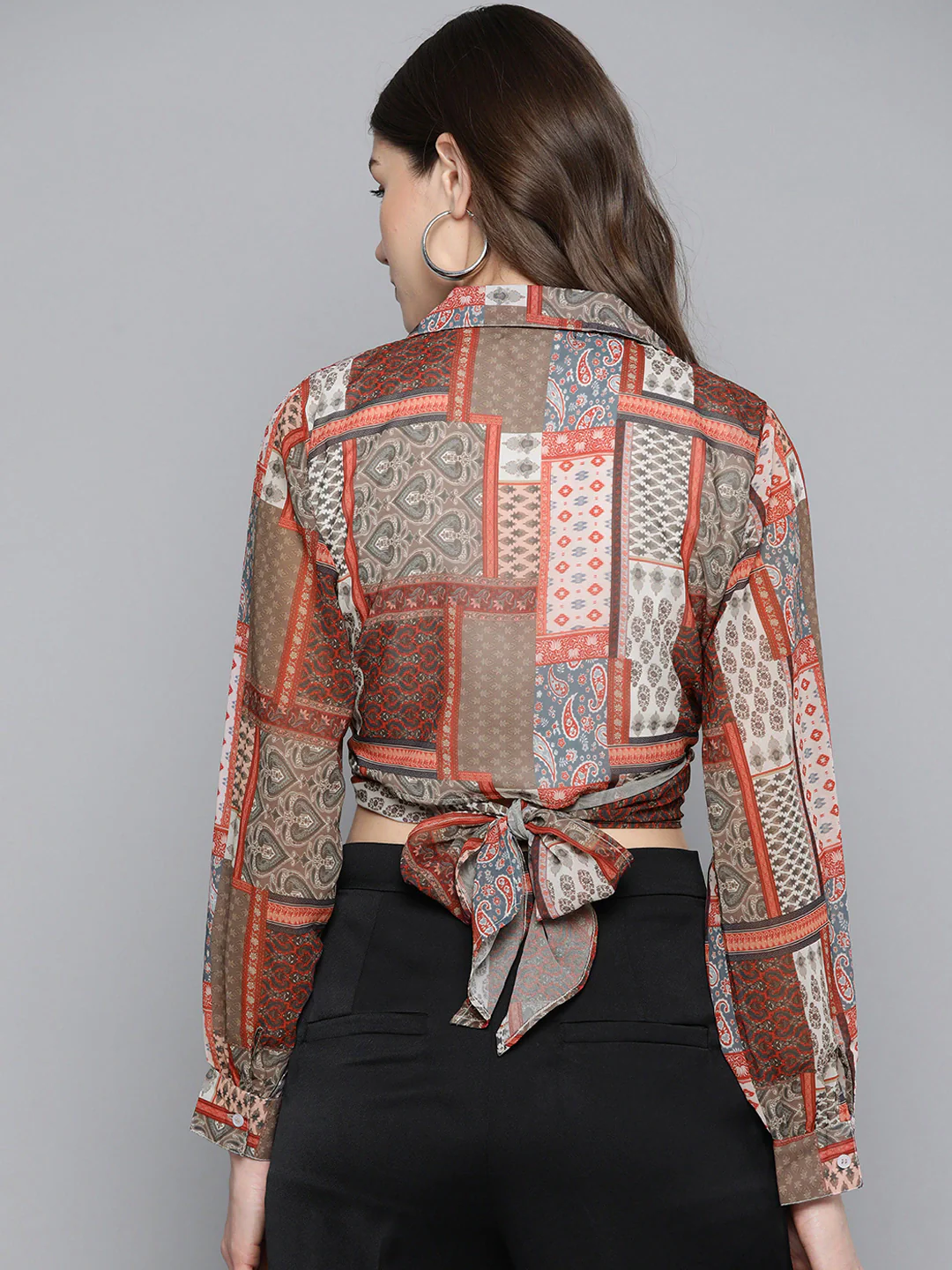 Women Brown Patch Tie Knot Crop Shirt Top - Image 4