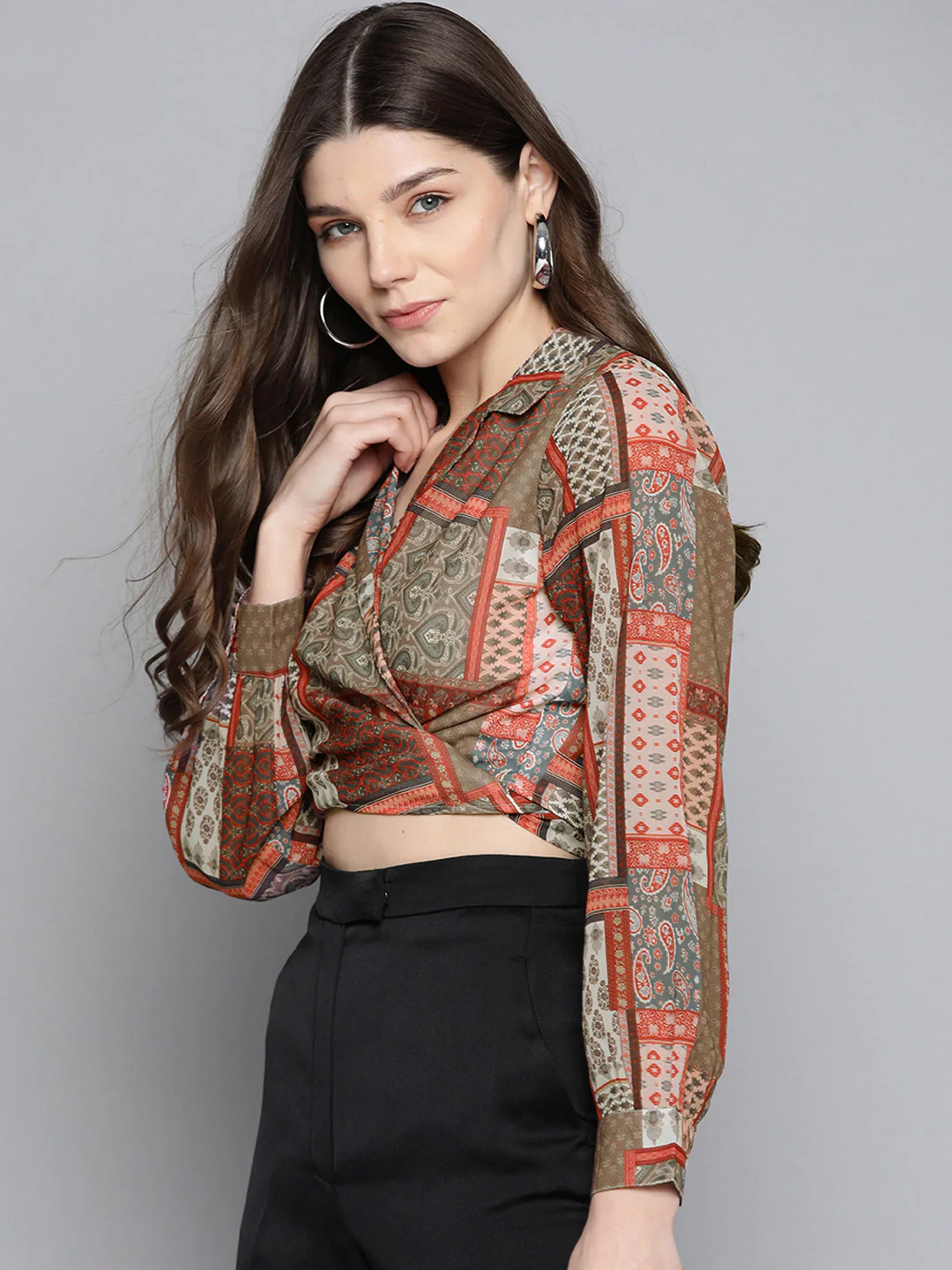 Women Brown Patch Tie Knot Crop Shirt Top - Image 5