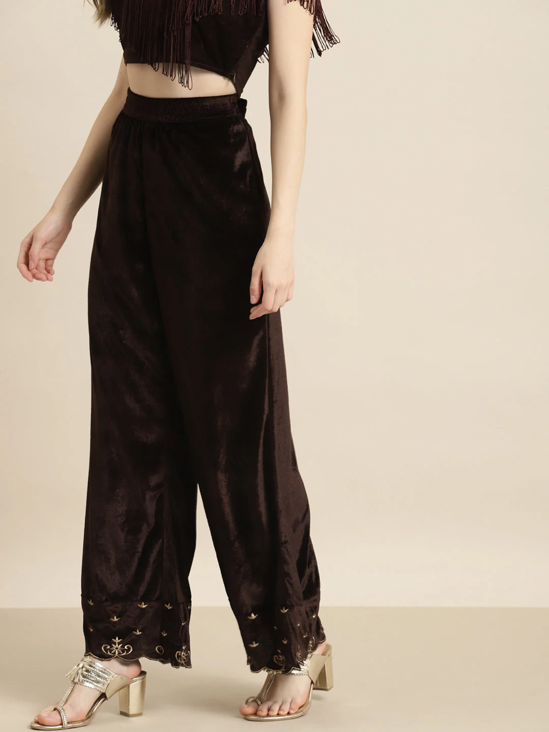 Brown Velvet Embroidered Flared Pants - Image 2