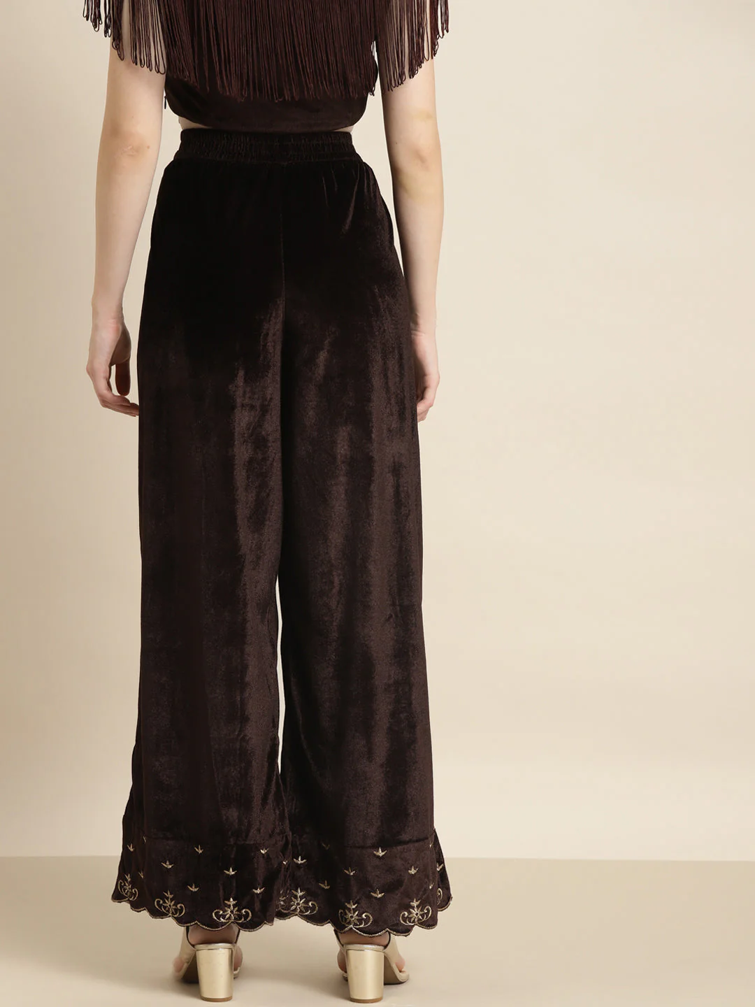 Brown Velvet Embroidered Flared Pants - Image 3