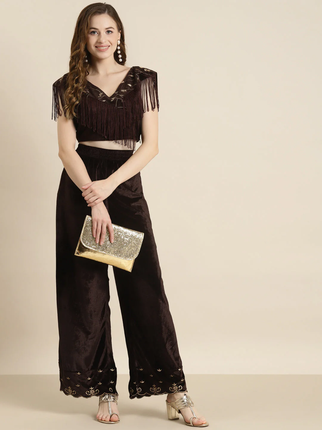 Brown Velvet Embroidered Flared Pants - Image 4