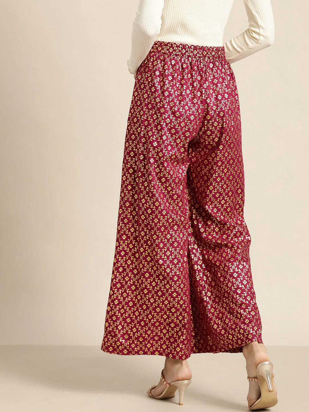 Burgundy Foil Print Flared Liva Pants - Image 2