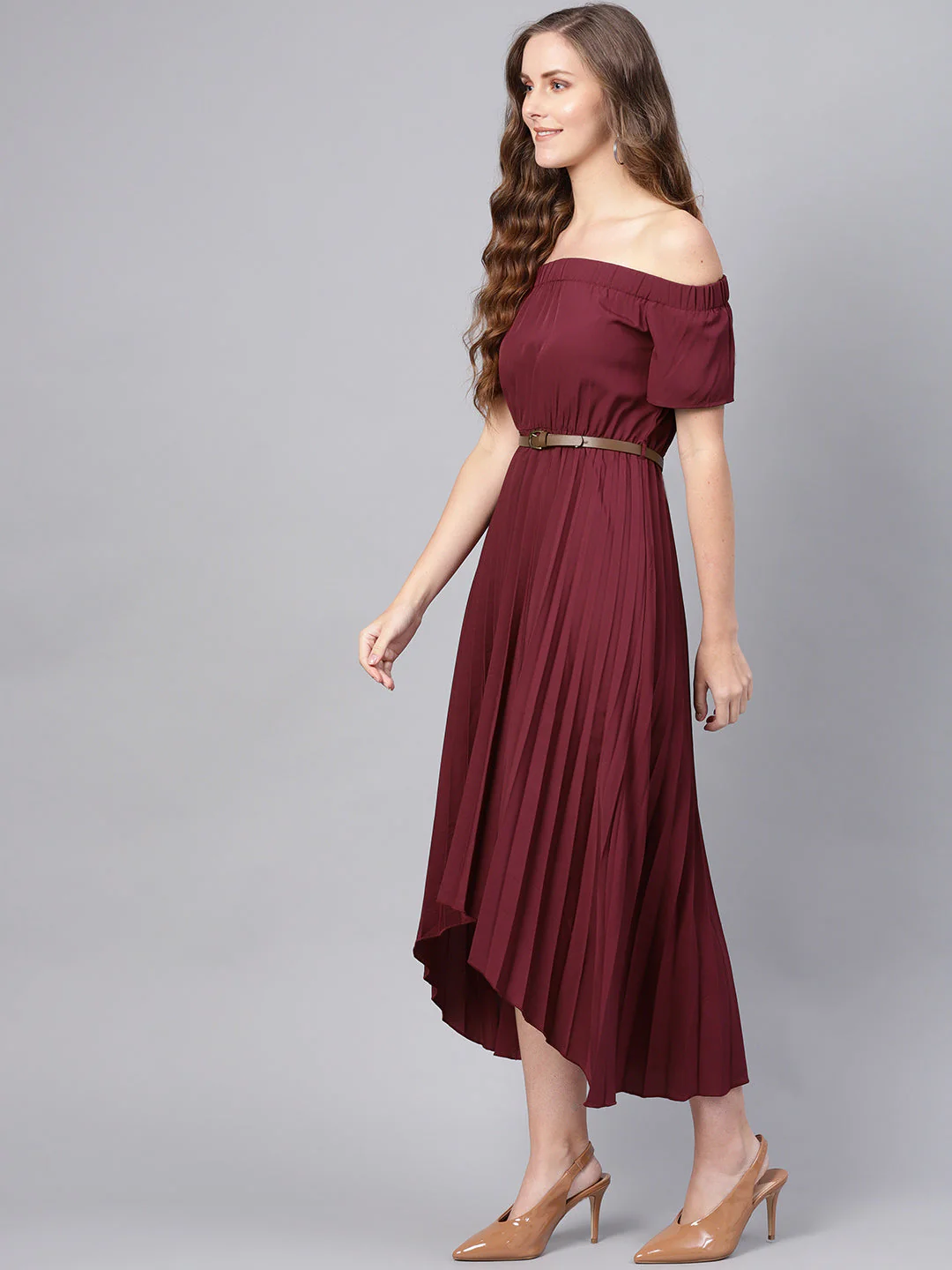 Women Burgundy High Low Pleated Dress - Image 2