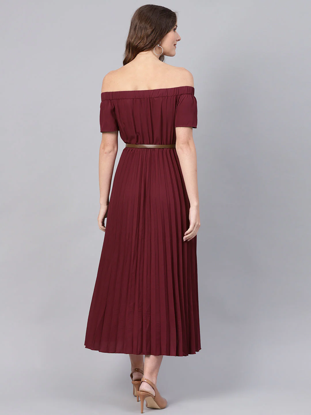 Women Burgundy High Low Pleated Dress - Image 3
