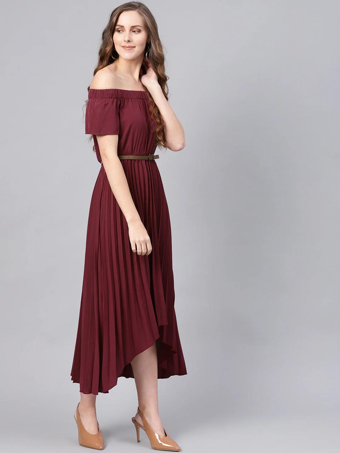 Women Burgundy High Low Pleated Dress - Image 4