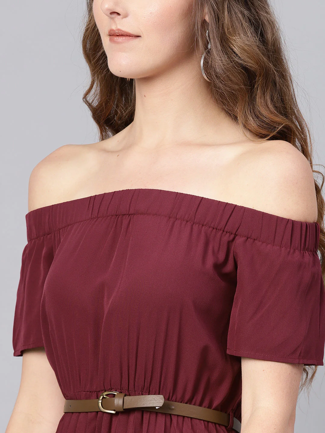 Women Burgundy High Low Pleated Dress - Image 5