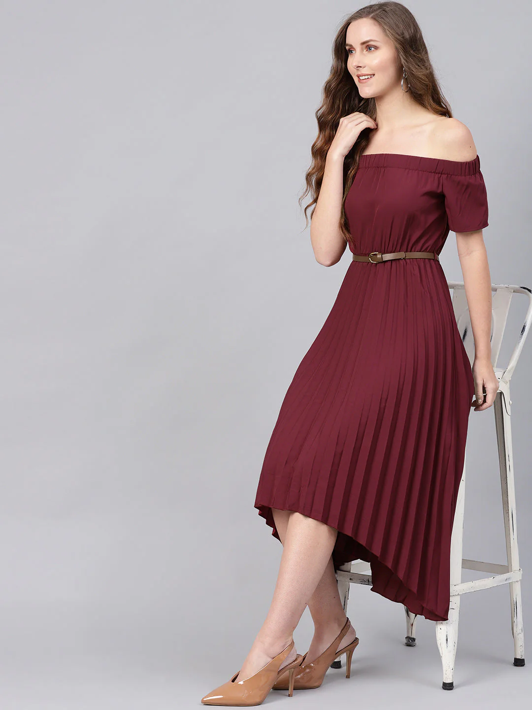 Women Burgundy High Low Pleated Dress - Image 6