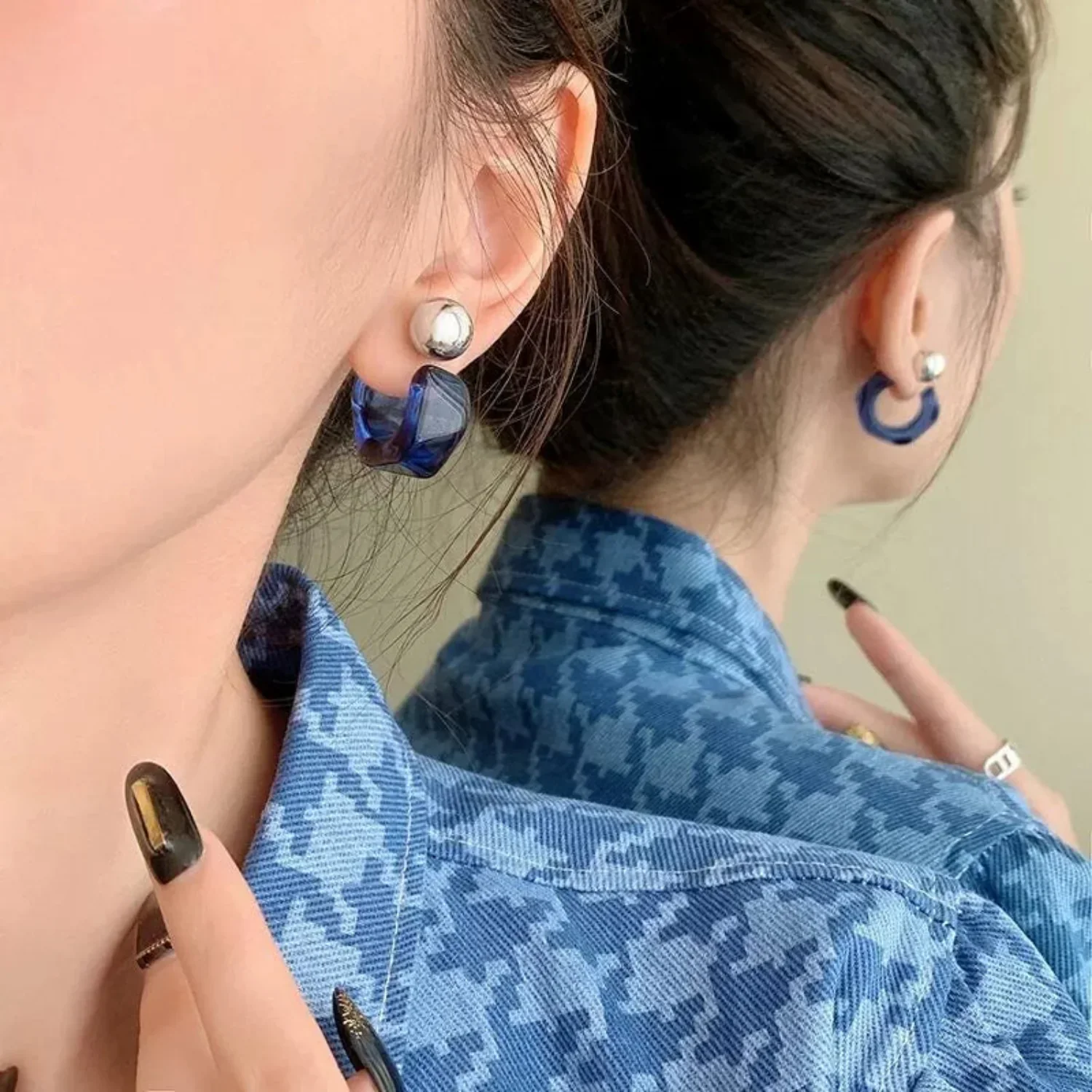 C Shaped Hoop Blue Earrings - Image 2