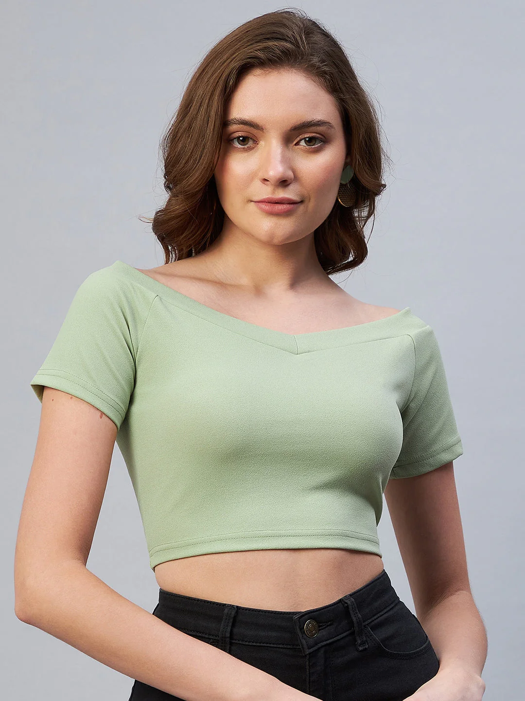 Women Green Off-Shoulder Fitted Top - Image 2